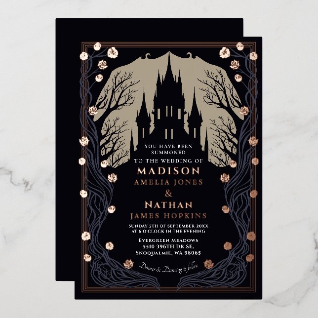 Gothic Castle Floral Halloween Wedding Foil Invitation (Front/Back)