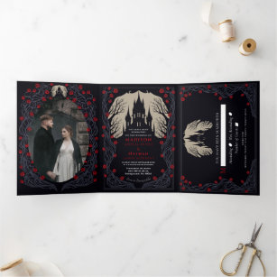 Gothic Castle Floral Halloween Wedding  Tri-Fold Invitation