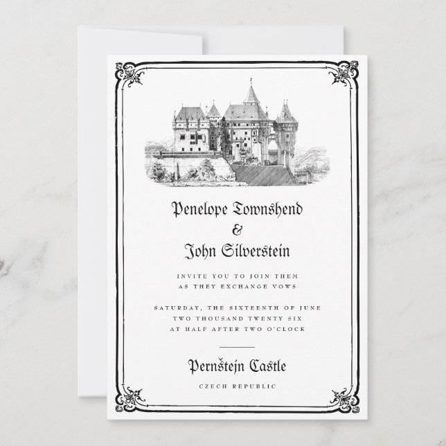 Gothic Castle Illustration Border White Wedding  Invitation (Front)