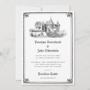 Gothic Castle Illustration Border White Wedding Invitation