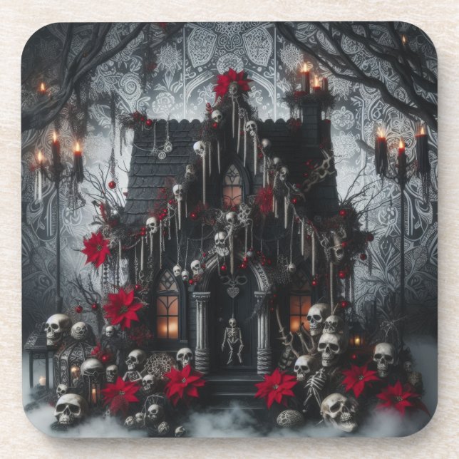 Gothic Castle Night with Skulls, Candles Dark Beverage Coaster (Front)