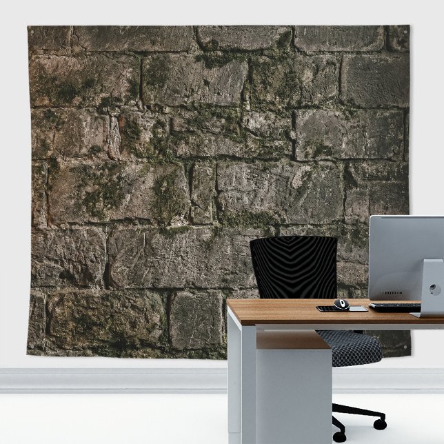 Gothic Cathedral Dark Roleplay Academia Stone Wall Tapestry (Dark mossy castle and dungeon gothic large slabs stone walls.)