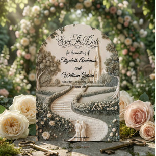 Gothic Cathedral Romantic Garden Illustration Save The Date
