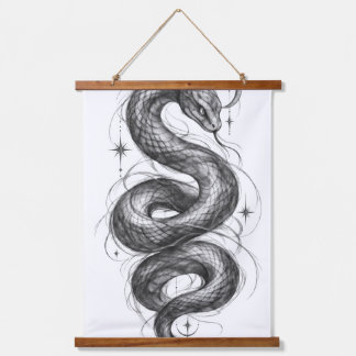 Gothic Celestial Snake Moon & Crystals Line Art Hanging Tapestry
