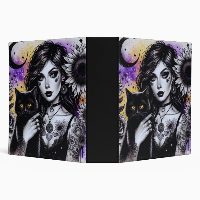 Gothic Celestial Sunflower Witch & Black Cat 3 Ring Binder (Background)
