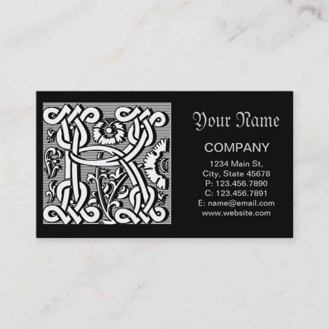 gothic celtic calligraphy renaissance monogram K Business Card (Front)