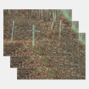 Gothic Cemetery Crosses Brown Autumn Leaves Wrapping Paper Sheets