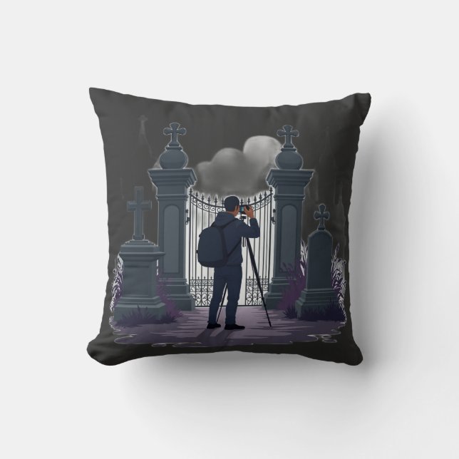 Gothic Cemetery Gate Silhouette Throw Pillow (Front)