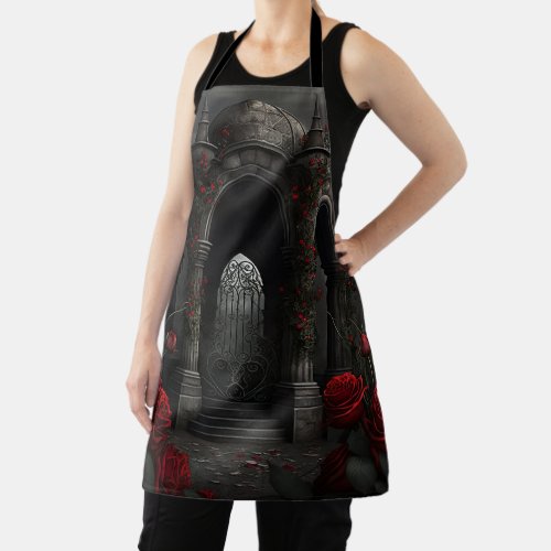 Gothic Cemetery Gazebo with Red Roses at Night Apron