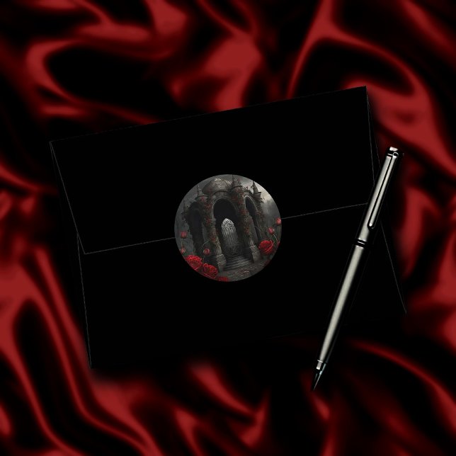 Gothic Cemetery Gazebo with Red Roses at Night Classic Round Sticker (Creator Uploaded)