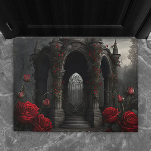 Gothic Cemetery Gazebo with Red Roses at Night Doormat