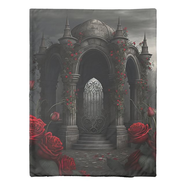 Gothic Cemetery Gazebo with Red Roses at Night Duvet Cover (Back)