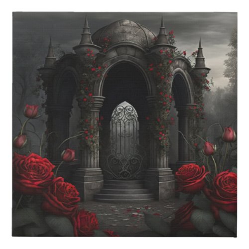 Gothic Cemetery Gazebo with Red Roses at Night Faux Canvas Print