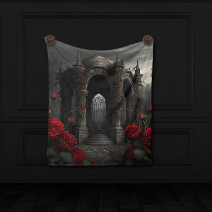 Gothic Cemetery Gazebo with Red Roses at Night Fleece Blanket