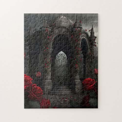 Gothic Cemetery Gazebo with Red Roses at Night Jigsaw Puzzle