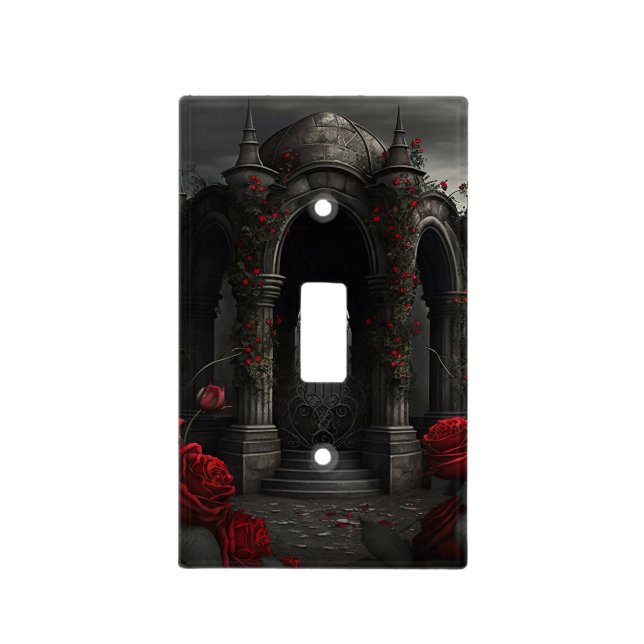 Gothic Cemetery Gazebo with Red Roses at Night Light Switch Cover (Front)