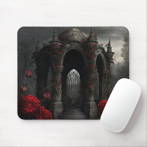 Gothic Cemetery Gazebo with Red Roses at Night Mouse Pad