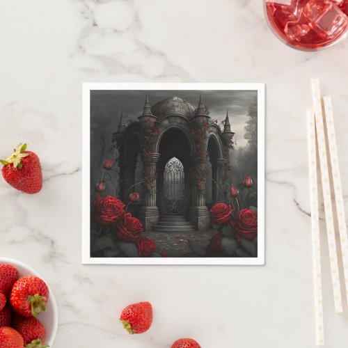 Gothic Cemetery Gazebo with Red Roses at Night Napkins