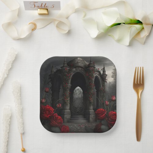 Gothic Cemetery Gazebo with Red Roses at Night Paper Plates