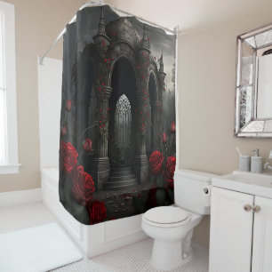 Gothic Cemetery Gazebo with Red Roses at Night Shower Curtain