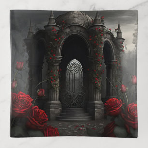 Gothic Cemetery Gazebo with Red Roses at Night Trinket Tray