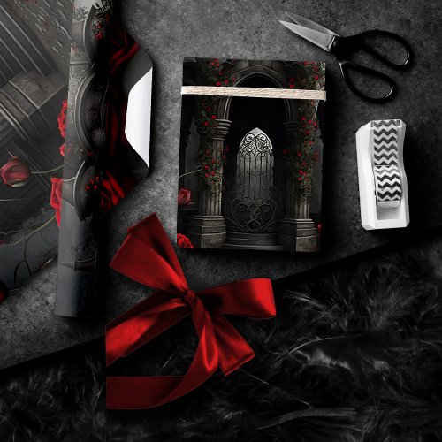 Gothic Cemetery Gazebo with Red Roses at Night Wrapping Paper