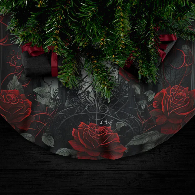 Gothic Cemetery Rose Garden with Red and Black Brushed Polyester Tree Skirt
