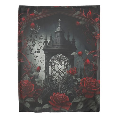 Gothic Cemetery Rose Garden with Red and Black Duvet Cover