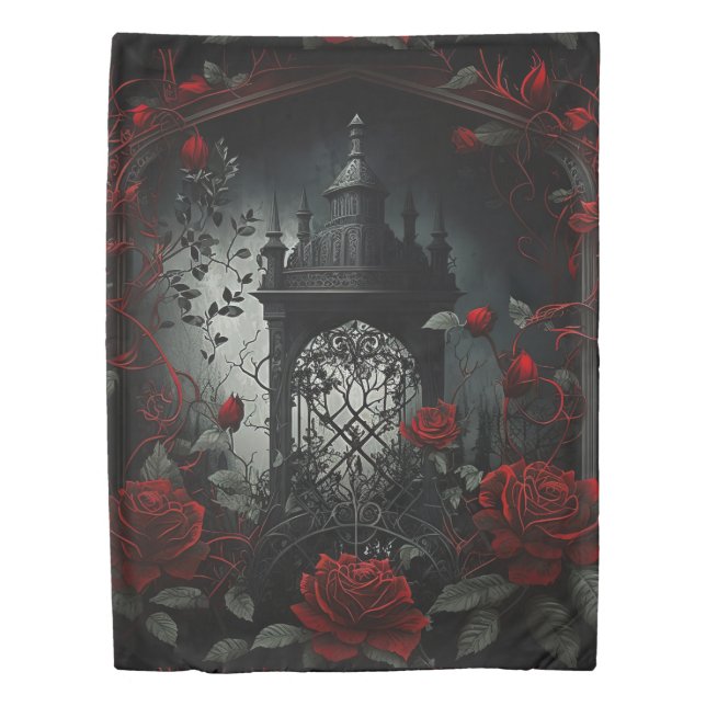 Gothic Cemetery Rose Garden with Red and Black Duvet Cover (Front)