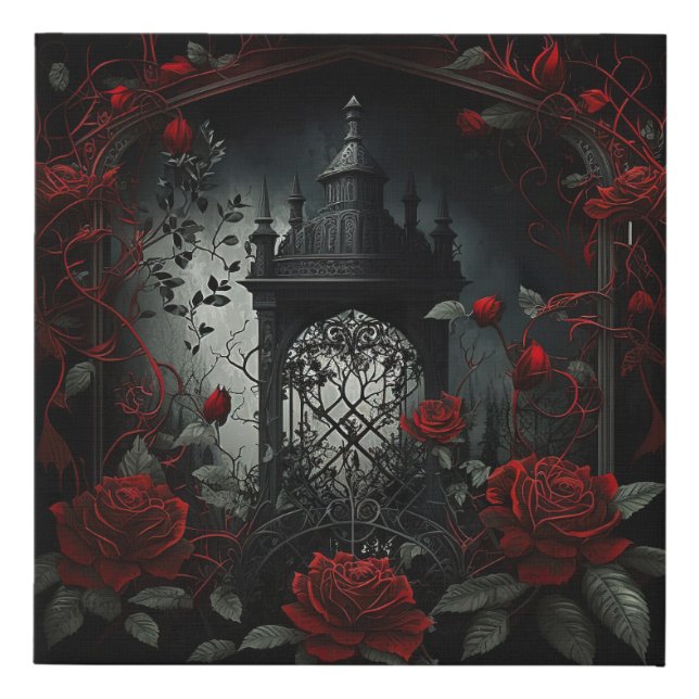 Gothic Cemetery Rose Garden with Red and Black Faux Canvas Print (Front)