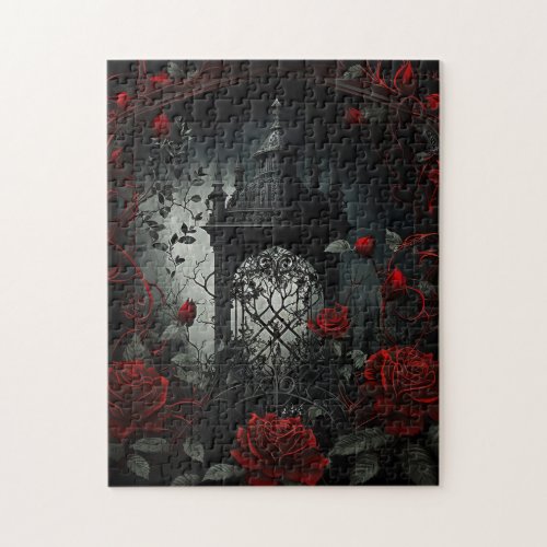 Gothic Cemetery Rose Garden with Red and Black Jigsaw Puzzle