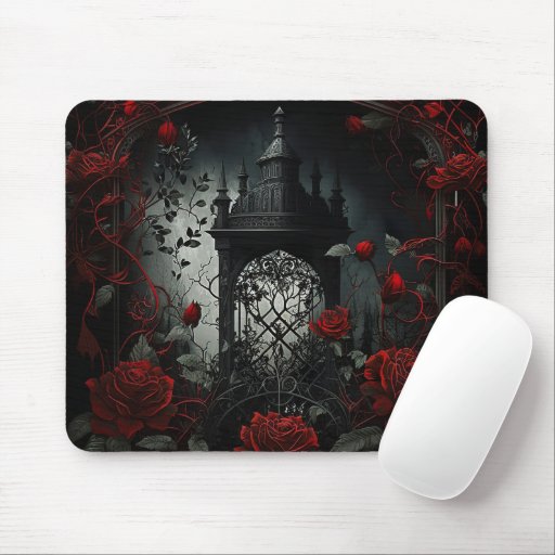 Gothic Cemetery Rose Garden with Red and Black Mouse Pad