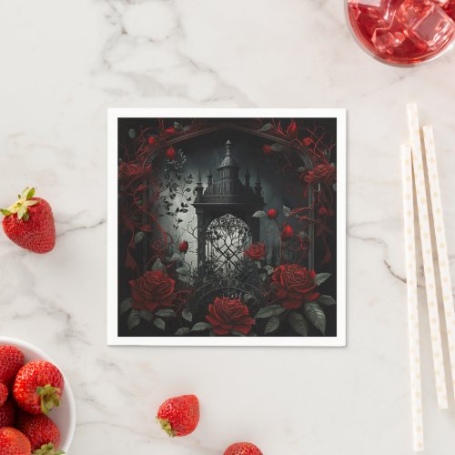 Gothic Cemetery Rose Garden with Red and Black Napkins