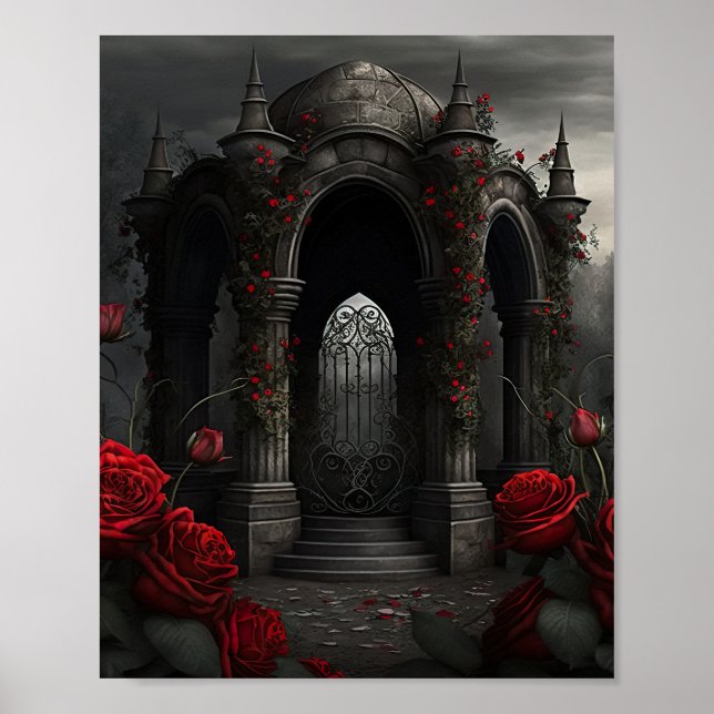 Gothic Cemetery Rose Garden with Red and Black Pos Poster (Front)