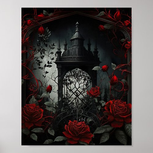 Gothic Cemetery Rose Garden with Red and Black Poster