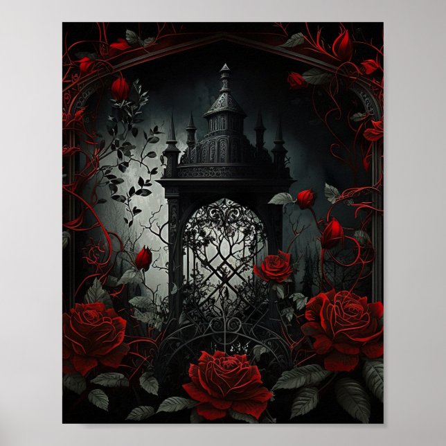Gothic Cemetery Rose Garden with Red and Black Poster (Front)