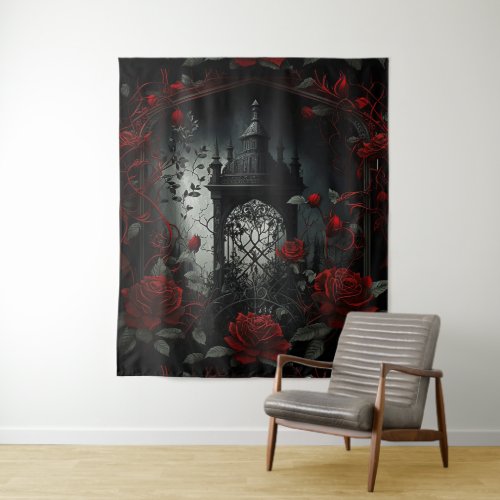 Gothic Cemetery Rose Garden with Red and Black Tapestry