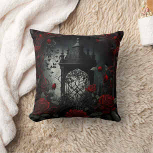 Gothic Cemetery Rose Garden with Red and Black Throw Pillow
