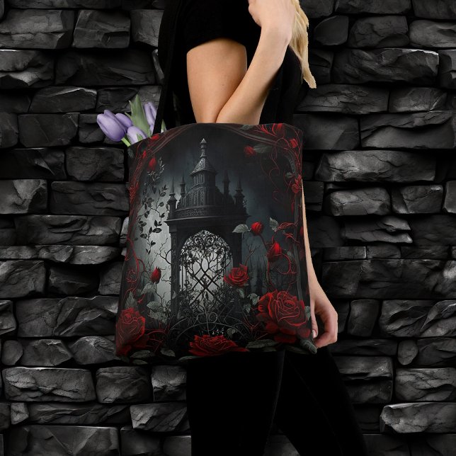 Gothic Cemetery Rose Garden with Red and Black Tote Bag (Creator Uploaded)