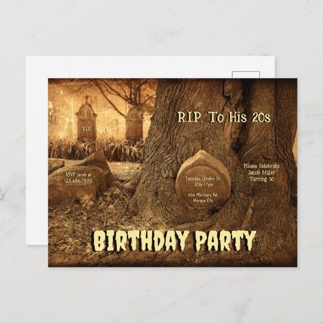 Gothic Cemetery Tombstones RIP To His 20s Birthday Invitation Postcard (Front/Back)