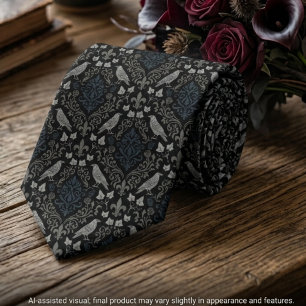 Gothic Charcoal Black Damask Raven Neck Tie