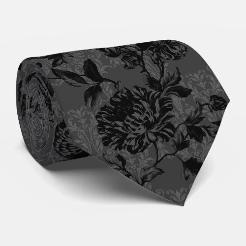 Gothic Charcoal Damask Black Floral Wedding Neck Tie