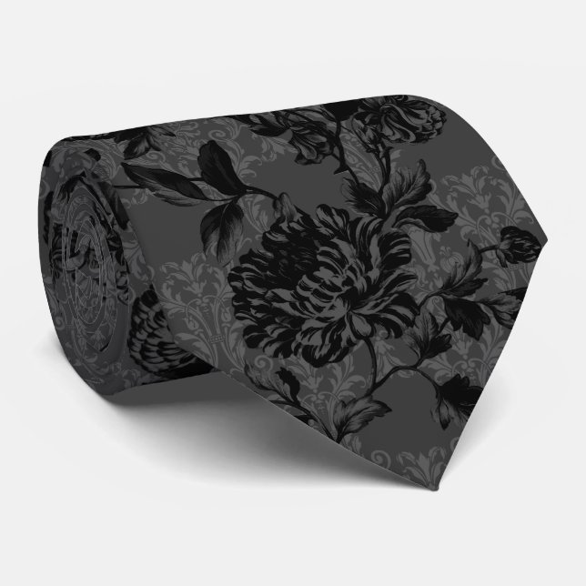 Gothic Charcoal Damask Black Floral Wedding Neck Tie (Rolled)