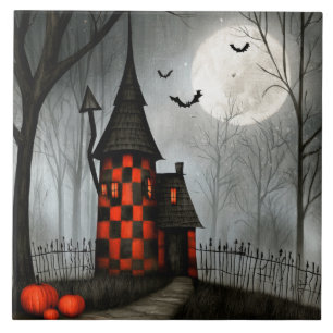 Gothic Checkerboard Halloween Tower Ceramic Tile