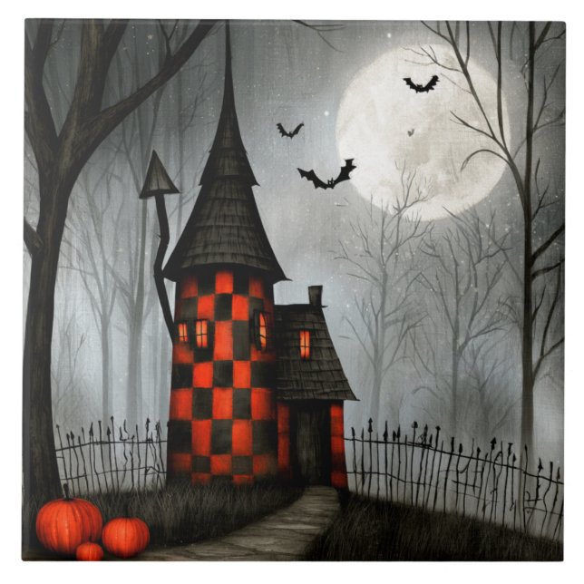 Gothic Checkerboard Halloween Tower Ceramic Tile (Front)