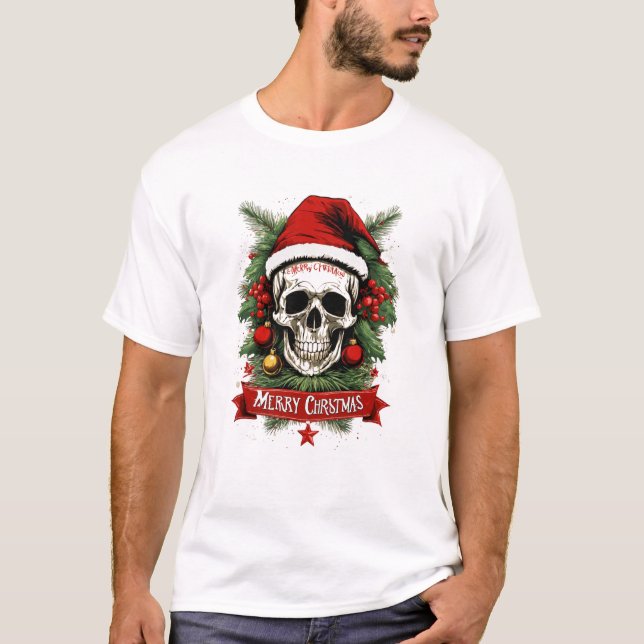 Gothic Cheer: Death Skull Merry Christmas T-Shirt (Front)