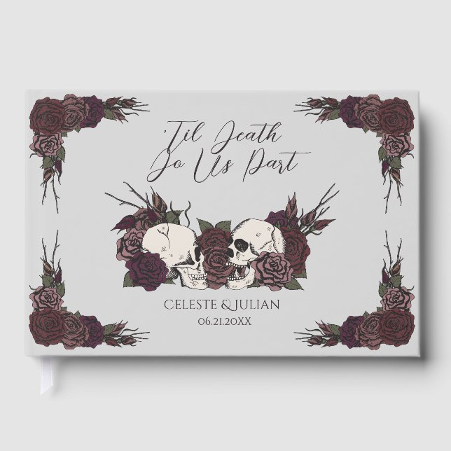 Gothic Chic Til Death Light Gray Skulls & Roses Guest Book (Front)