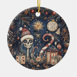Gothic Christmas Festive Spooky Skull Ceramic Ornament