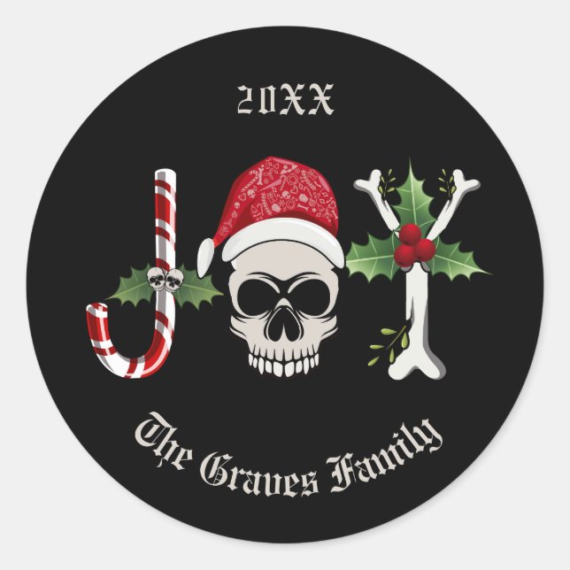 Gothic Christmas JOY Skull  Classic Round Sticker (Front)