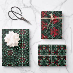 Gothic Christmas Pattern with Red & Green Floral Wrapping Paper Sheets